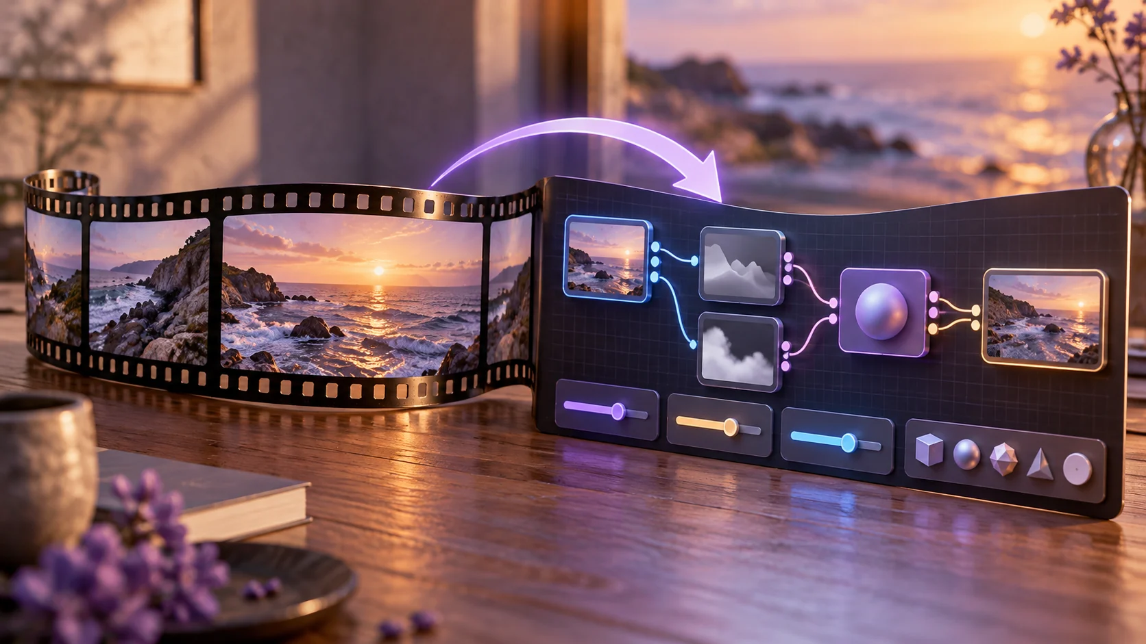 完成した海辺の動画から接続ノードへ戻り、作り方を編集する工程の説明画像