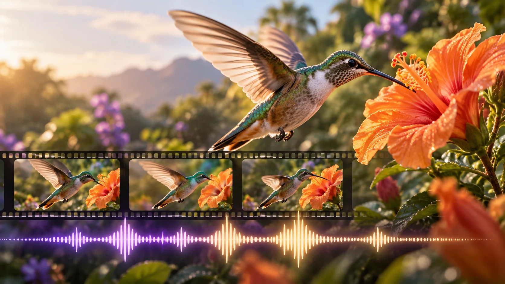 花に近づく鳥の連続映像と音の波形で、動画と音の同時生成を表した説明画像