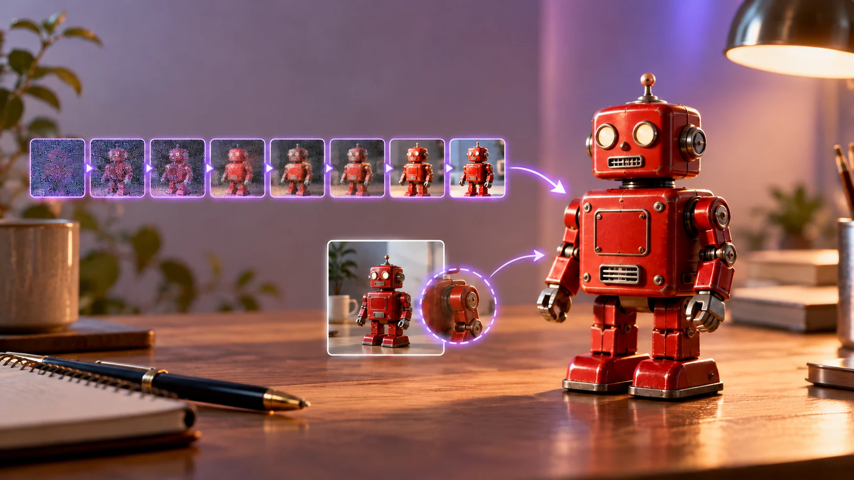 8段階の生成処理と参照画像による編集を、赤い玩具ロボットで表した説明画像