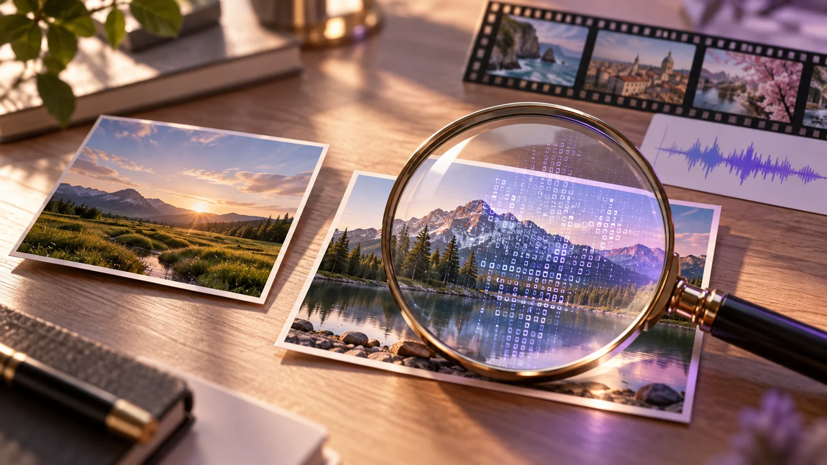 画像の不可視の印をレンズで調べる、透かし検出の説明画像