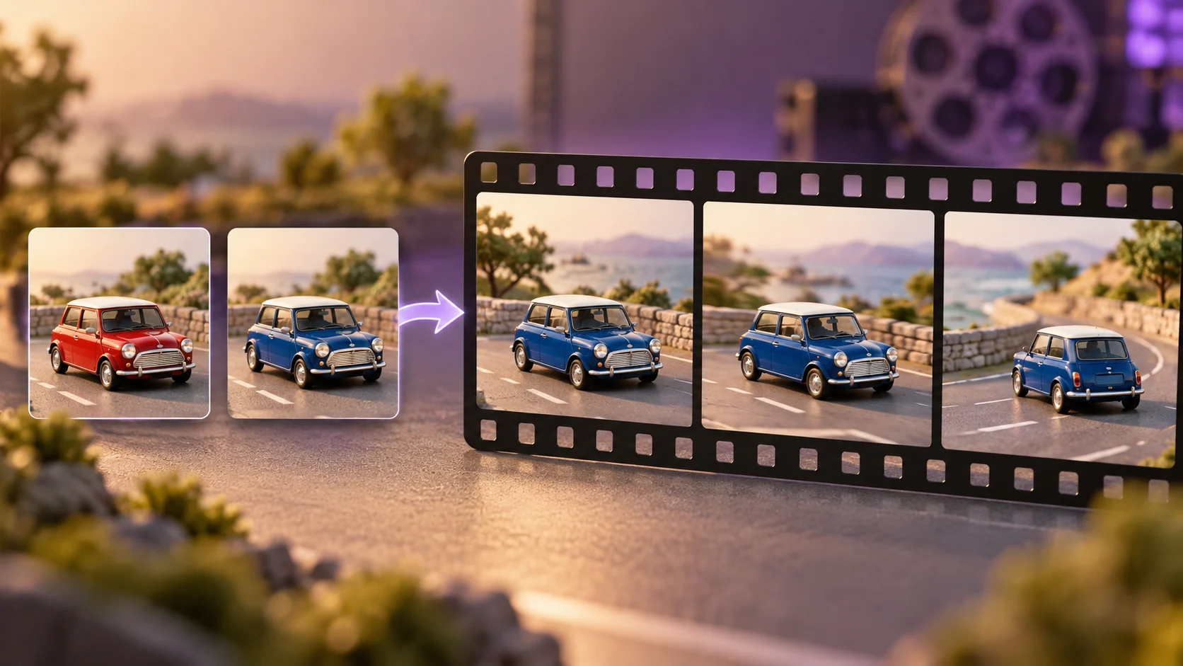 参照画像で赤い車を青くし、連続映像で色を保つ研究の説明画像